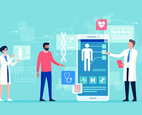 Doctors examining a patient using a medical app