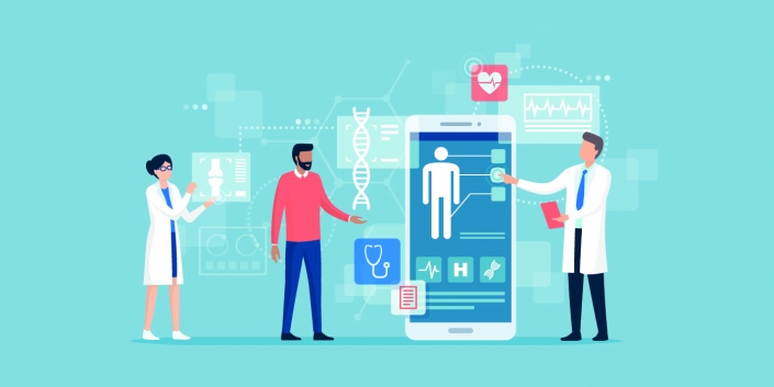 Doctors examining a patient using a medical app Doctors examining a patient using a medical app